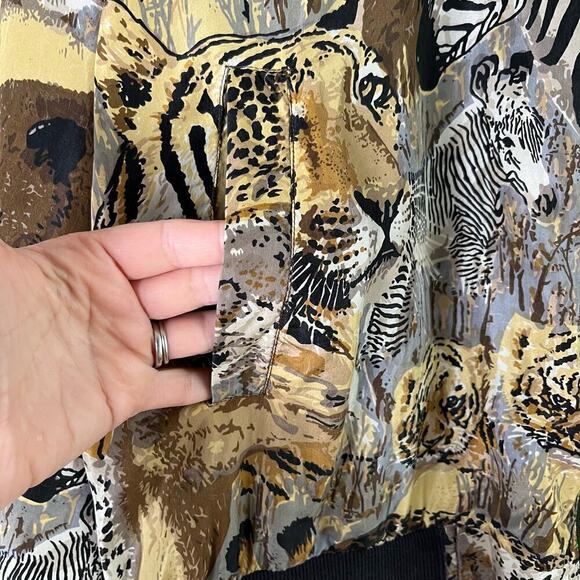 Vintage 80s Atlantic Beach 100% Silk Safari Animal Lightweight Bomber Jacket, XL - Picture 10 of 15